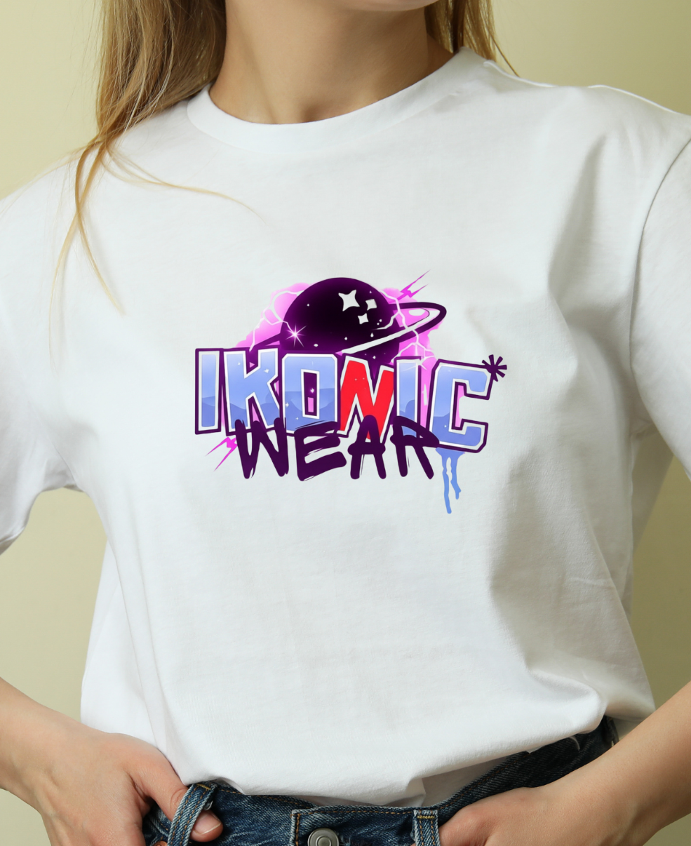 Person wearing a white t-shirt with 'IKONIC WEAR' logo on a beige background