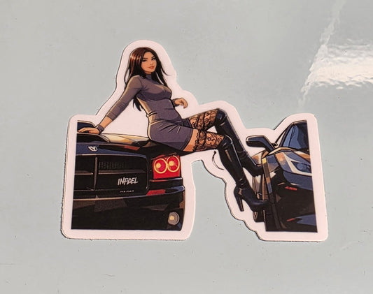 Sticker of a woman sitting on a car with a blurred background